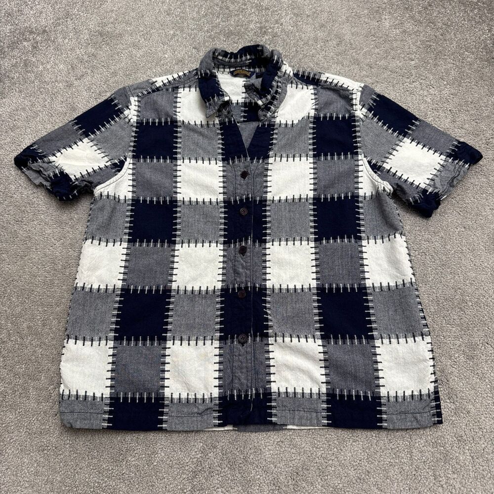 Vintage 90s Shaver Lake Patchwork Plaid Shirt Womens Large Blue Button Up Top